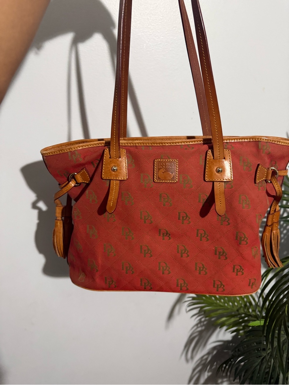Dooney & Bourke Red Logo Jacquard Tote with Tan Leather Trim